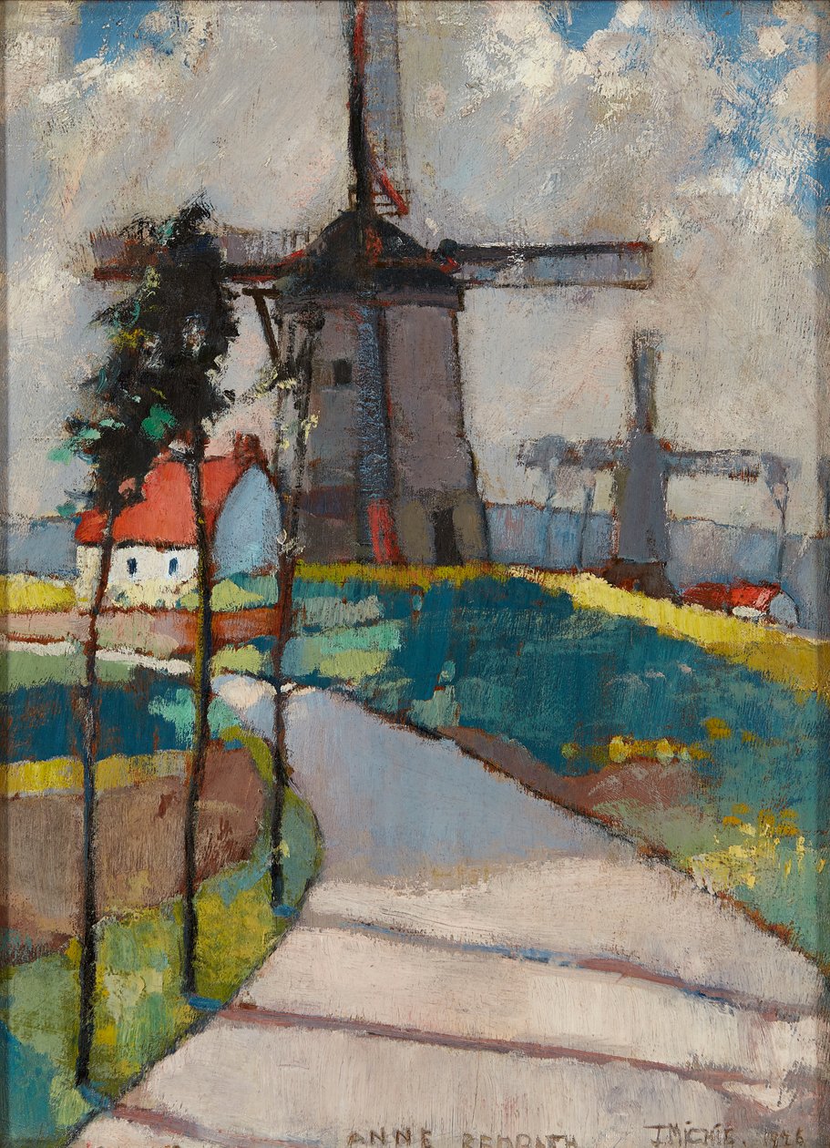 Szélmalmok a Pas De Calais-ban (olaj a fedélzeten) alkotó: Anne Redpath