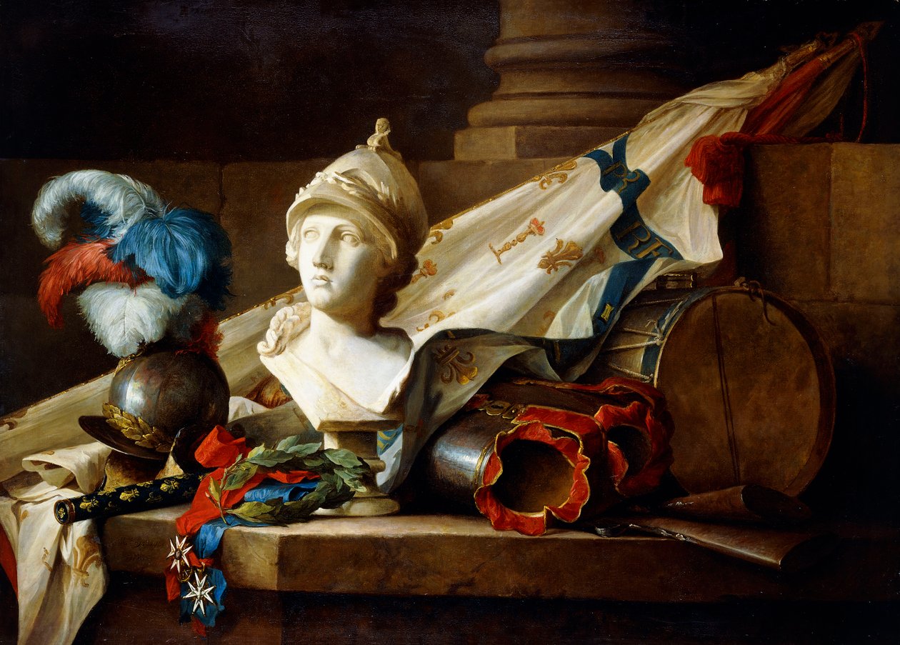 Minerva mellszobra páncélokkal és fegyverekkel egy kőpárkányon, 1777 alkotó: Anne Vallayer Coster