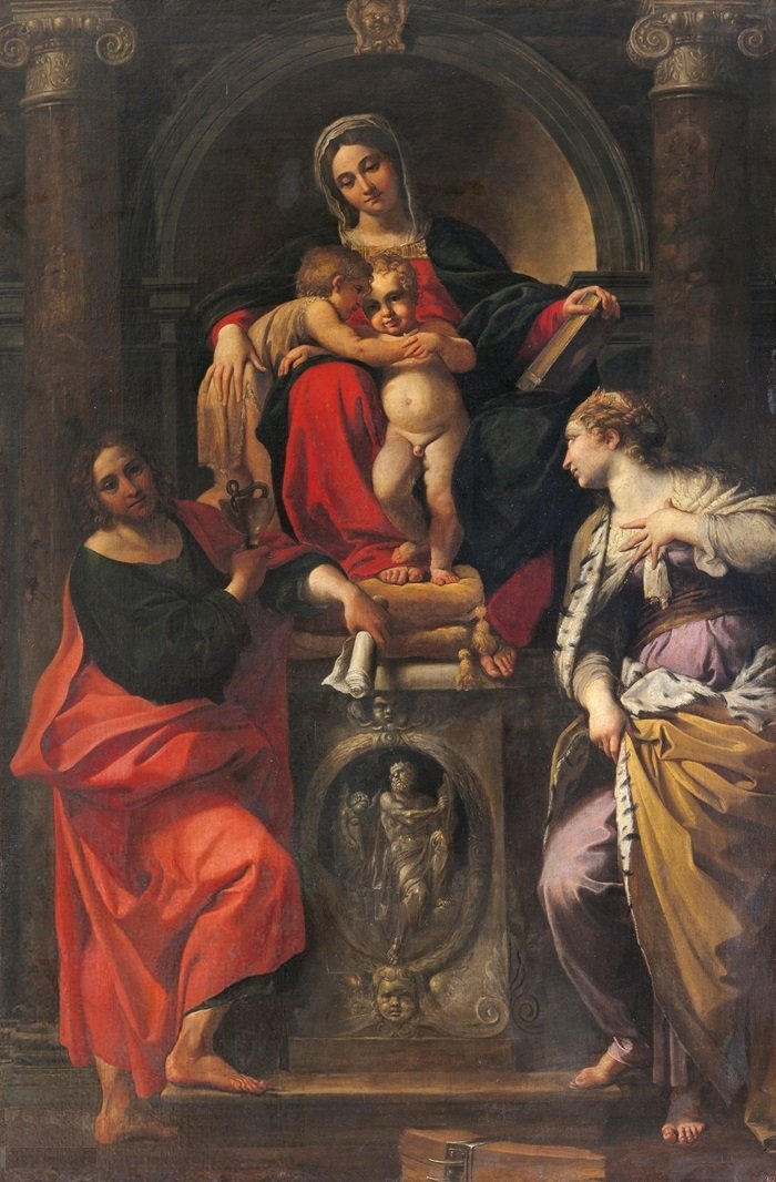 Madonna és gyermeke szentekkel Keresztelő Jánossal, János evangélistával és Szent Katalinnal alkotó: Annibale Carracci