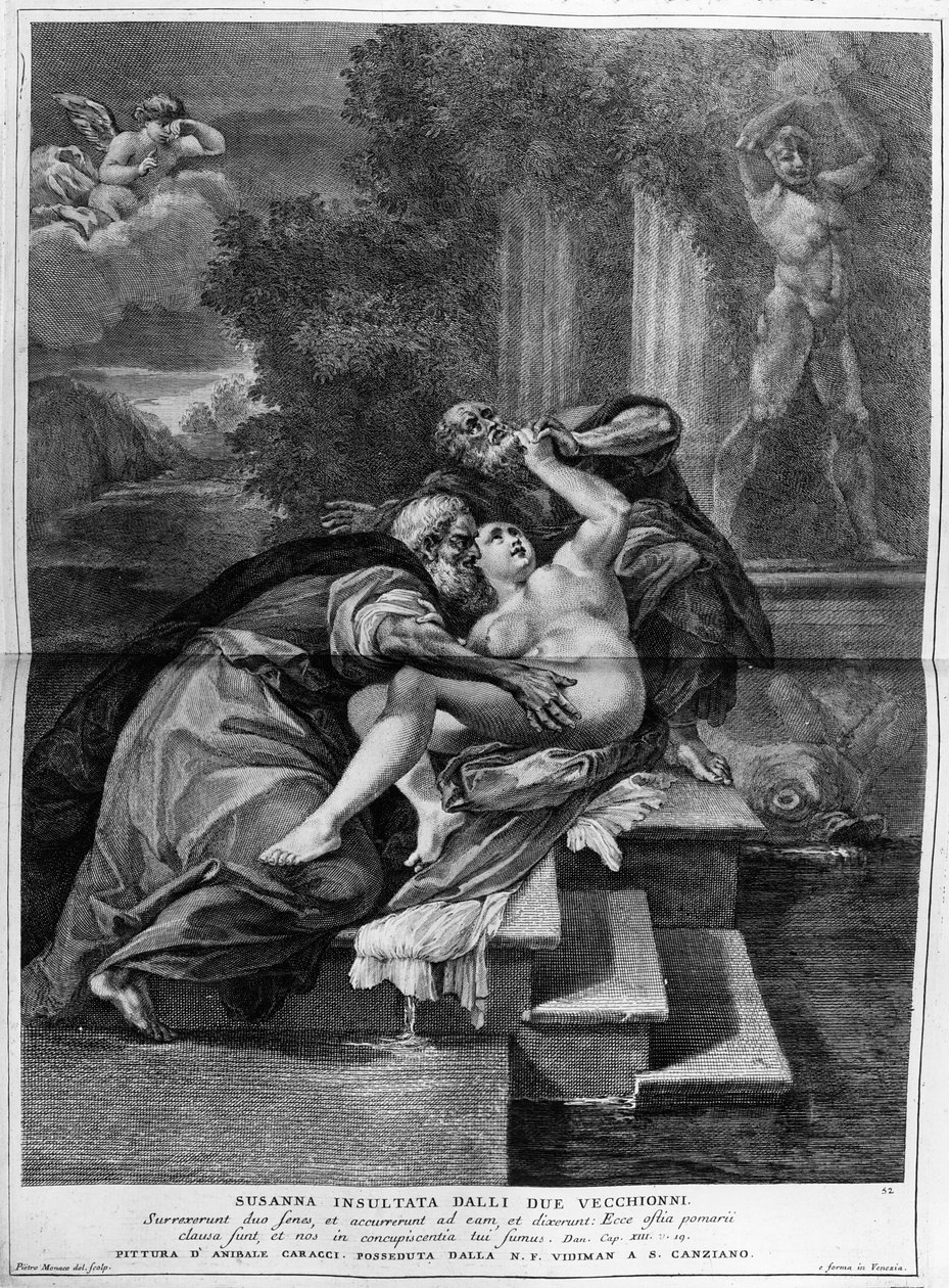 Susanna és a vének, Pietro Monaco metszete, 1740 körül alkotó: Annibale Carracci