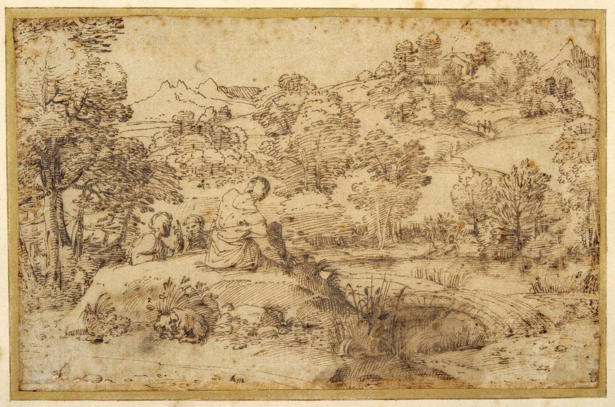Táj, előtérben három férfi pihen és egy kutya alszik, patak mellett (toll és barna tinta a papíron) alkotó: Annibale (follower of) Carracci