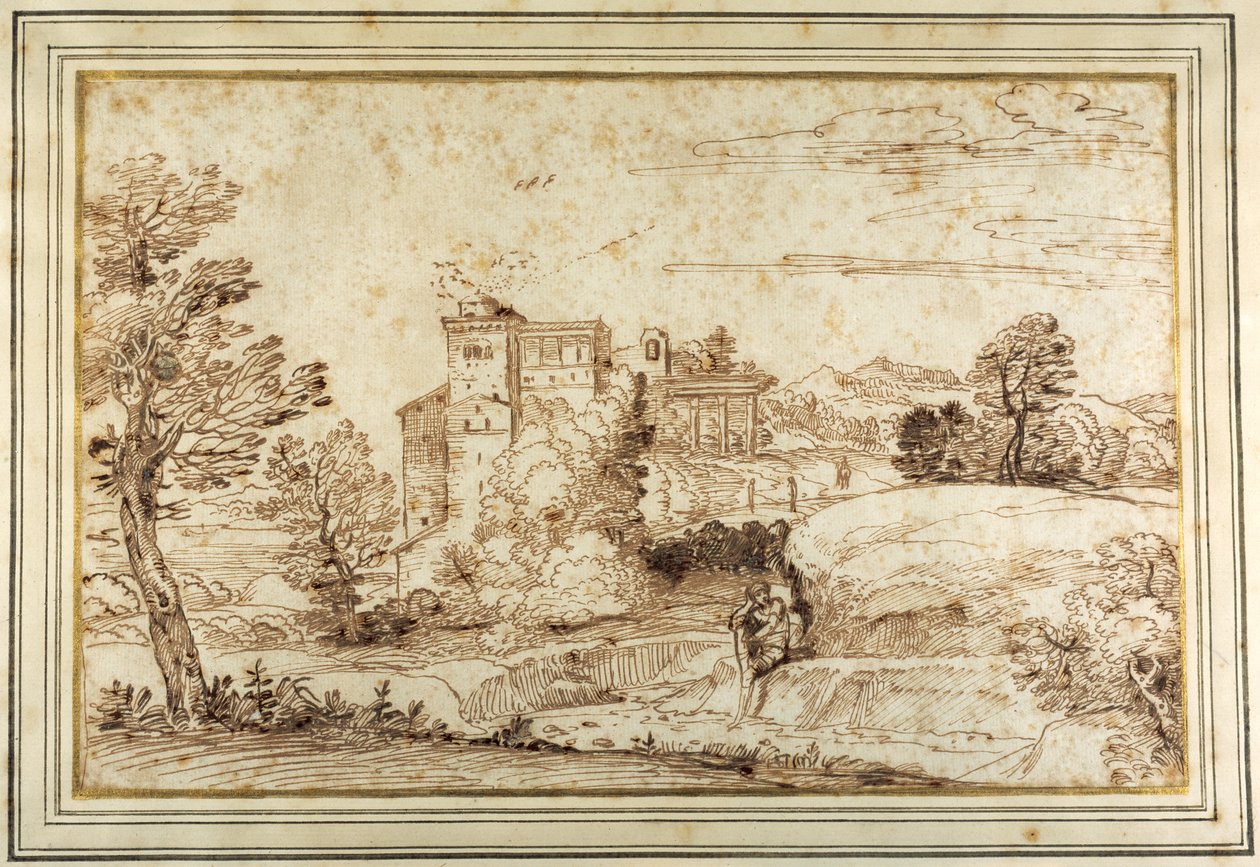 Táj kastéllyal és egy klasszikus portikusz romjaival (toll és barna tinta papíron) alkotó: Annibale (follower of) Carracci