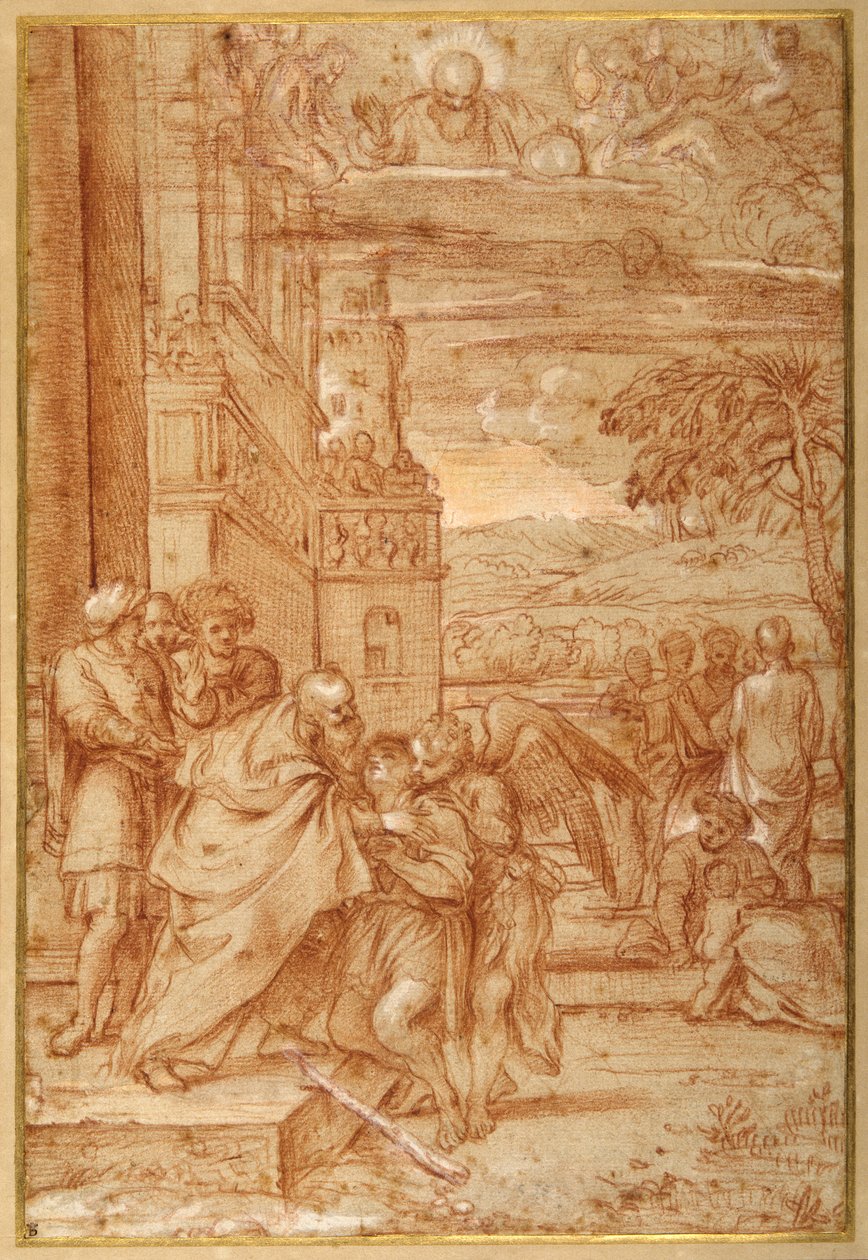 A tékozló fiú visszatérése Annibale Carracci után (vörös kréta és magasítás papíron) alkotó: Annibale (follower of) Carracci
