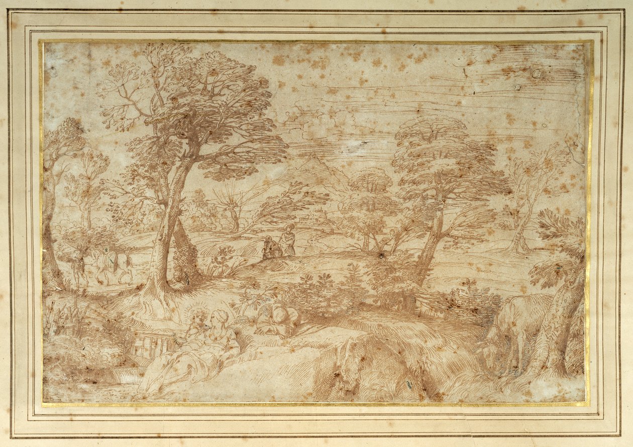 Tájkép a többiekkel egyiptomi repülés közben, Annibale Carracci után (toll és barna tinta papíron) alkotó: Annibale (studio of) Carracci