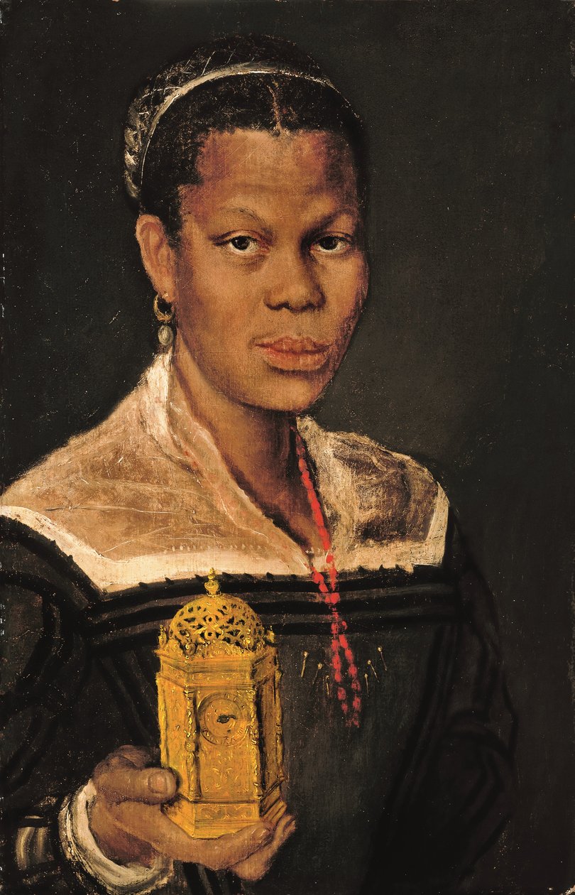 Fekete hölgy portréja, mellméretű, korall nyakláncot visel, jobb kezében aranyozott asztali órát tart (olaj, vászon) alkotó: Annibale (studio of) Carracci