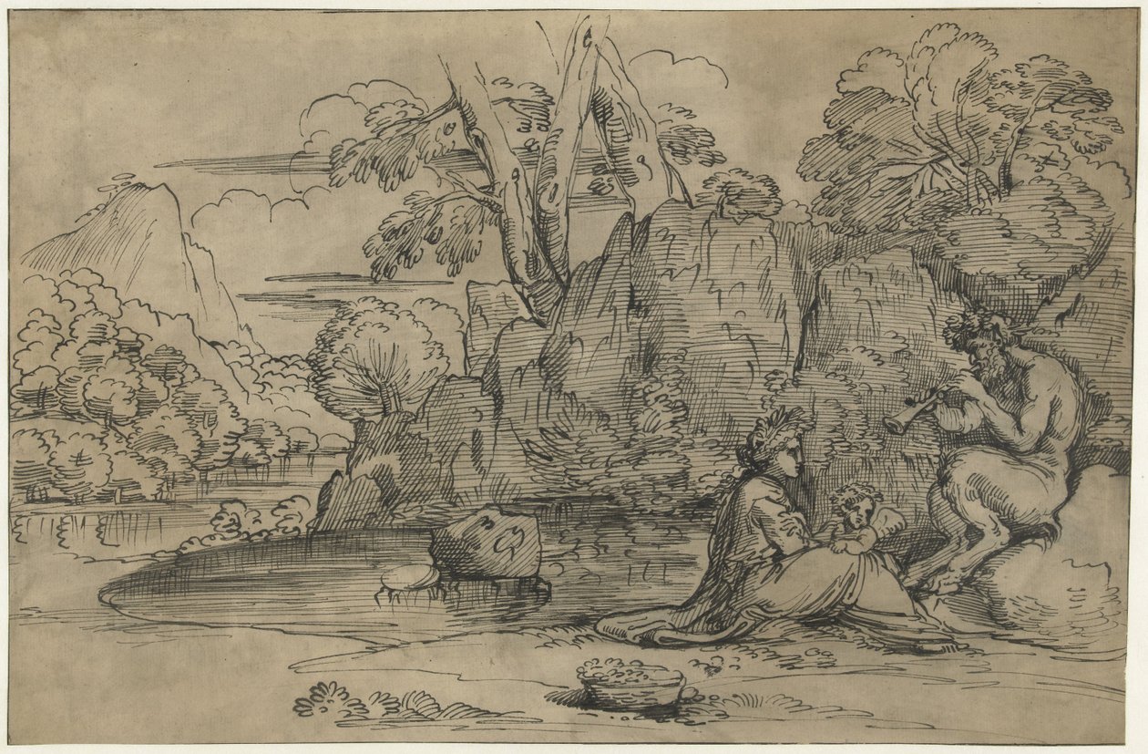 Táj egy fuvolán játszó szatírral, nővel és puttóval alkotó: Annibale Carracci (attributed to)