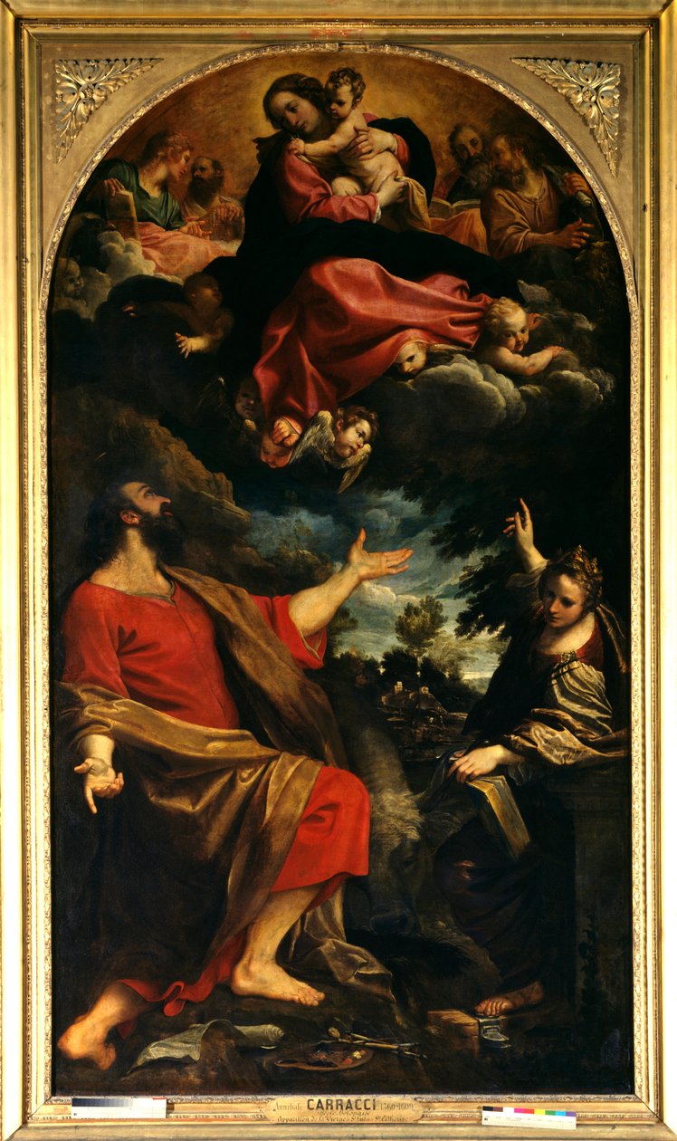 Szűz jelenése Szent Lukácsnak és Alexandriai Szent Katalinnak Annibale Carracci vagy Annibal Carrache festménye (1560-1609). 1592. V. 2,26x4,01 m Párizs, Louvre Múzeum. alkotó: Annibale Carracci