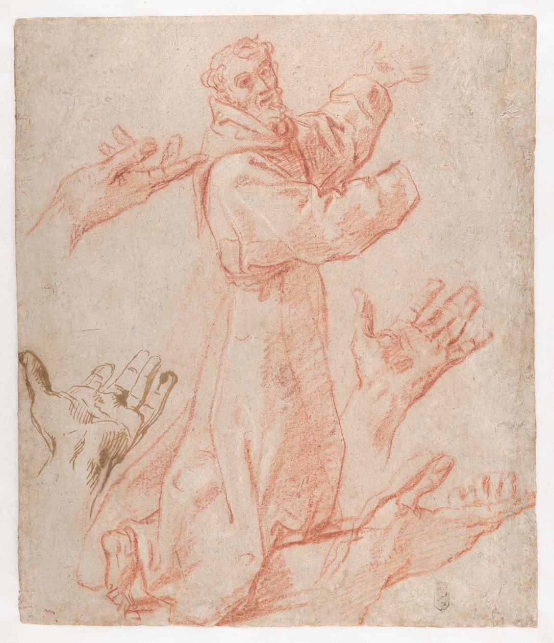 Carracci - Tanulmányok a térdelő Szent Ferenc alakjához háromnegyedes nézetben és a kezeihez (recto), 1583-85 alkotó: Annibale Carracci