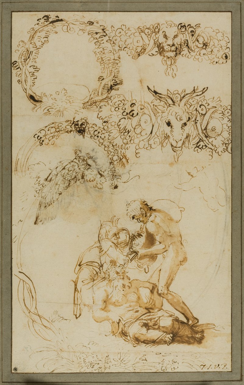 Részeg Silenus és dekoratív vázlatok: Tanulmányok a Tazza Farnese számára (recto); Two Putti Fighting: Tanulmány a Galleria Farnese számára (hátoldal). alkotó: Annibale Carracci