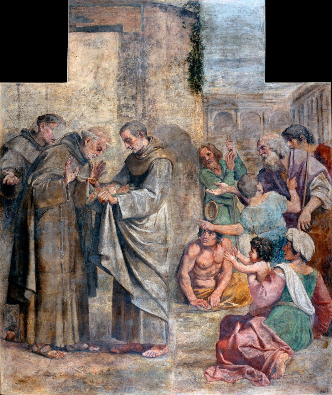 A rózsák csodája – étellopással vádolt Alcalai Saint Diego (1400-1463) spanyol ferences szerzetes rájön, hogy a szokásában elrejtett élelmiszerek rózsákká változtak – Annibale Carracci festménye (An alkotó: Annibale Carracci