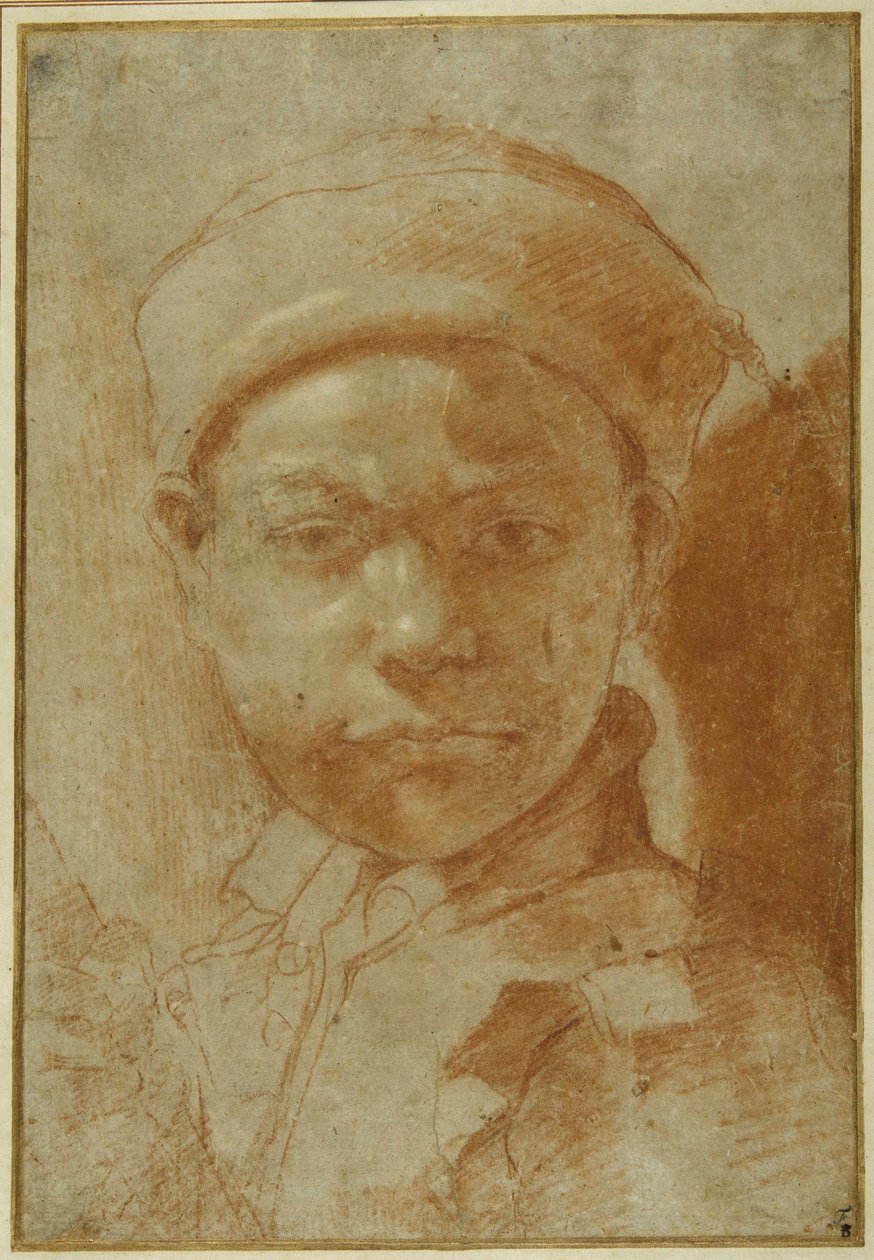 Fiatal portréja, mellig érő, kerek sapkát viselő (piros kréta szürke papíron) alkotó: Annibale Carracci