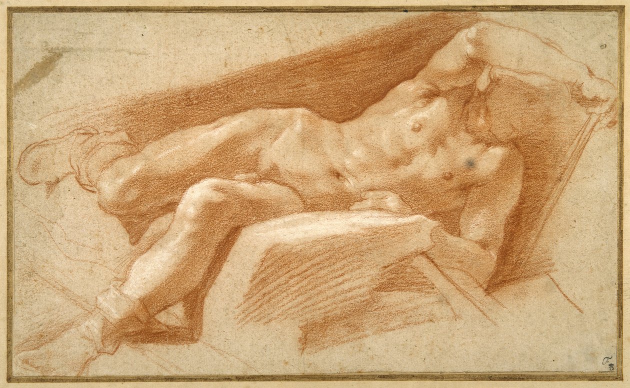 Fekvő fiatal meztelenül pózolt, kivéve a bokáig lehúzott tömlőjét (piros kréta papíron) alkotó: Annibale Carracci
