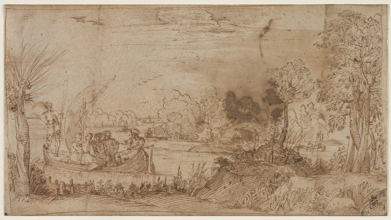 Folyói táj csónakokkal, c. 1590. alkotó: Annibale Carracci