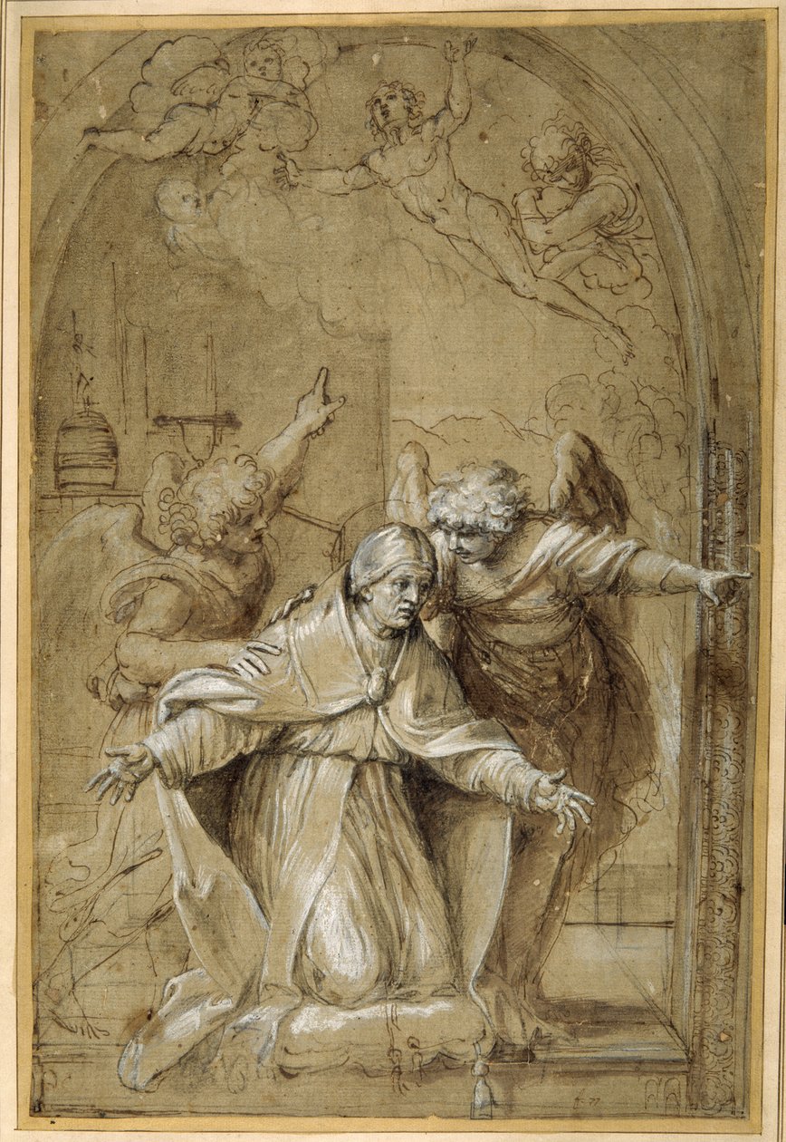 Szent Gergely angyalok részvételével a lelkekért imádkoznak a Purgatóriumban (toll és barna tinta barna mosással és kiemeléssel) alkotó: Annibale Carracci