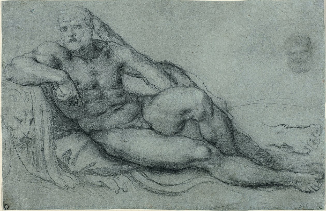 Pihenő Herkules tanulmánya, fejének és lábának különálló tanulmányaival (recto); téglalap alakú rácsmintázat (verso). alkotó: Annibale Carracci