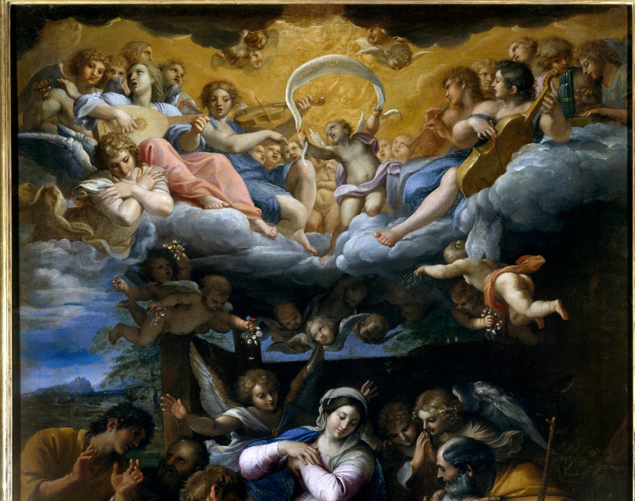 A Pásztorok imádása részlet, amely az égi angyalok hangversenyét képviseli, akik Isten dicsőségét éneklik. Annibale Carracci vagy Annibal Carrache (1560-1609) festménye. 1597. Orléans, Szépművészeti Múzeum. alkotó: Annibale Carracci