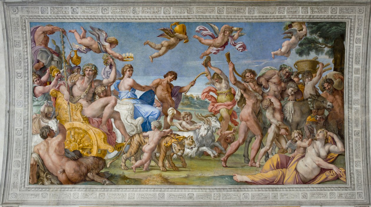 Bacchus és Ariadne par Carracci diadala, Annibale (1560-1609). Friss, kb. 1597, Palazzo Farnese, Róma alkotó: Annibale Carracci