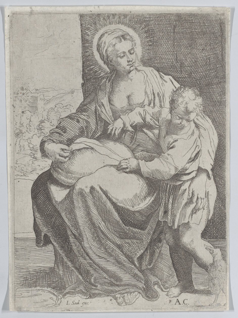 A Szűzanya párnát tartva az ölében ül, jobb oldalán a fiatal Krisztussal..., 1580-1600. alkotó: Annibale Carracci