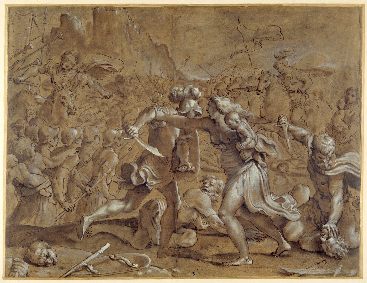 A rómaiak és a szabinok harca (toll és tinta mosóval és gouache papíron) alkotó: Annibale Carracci