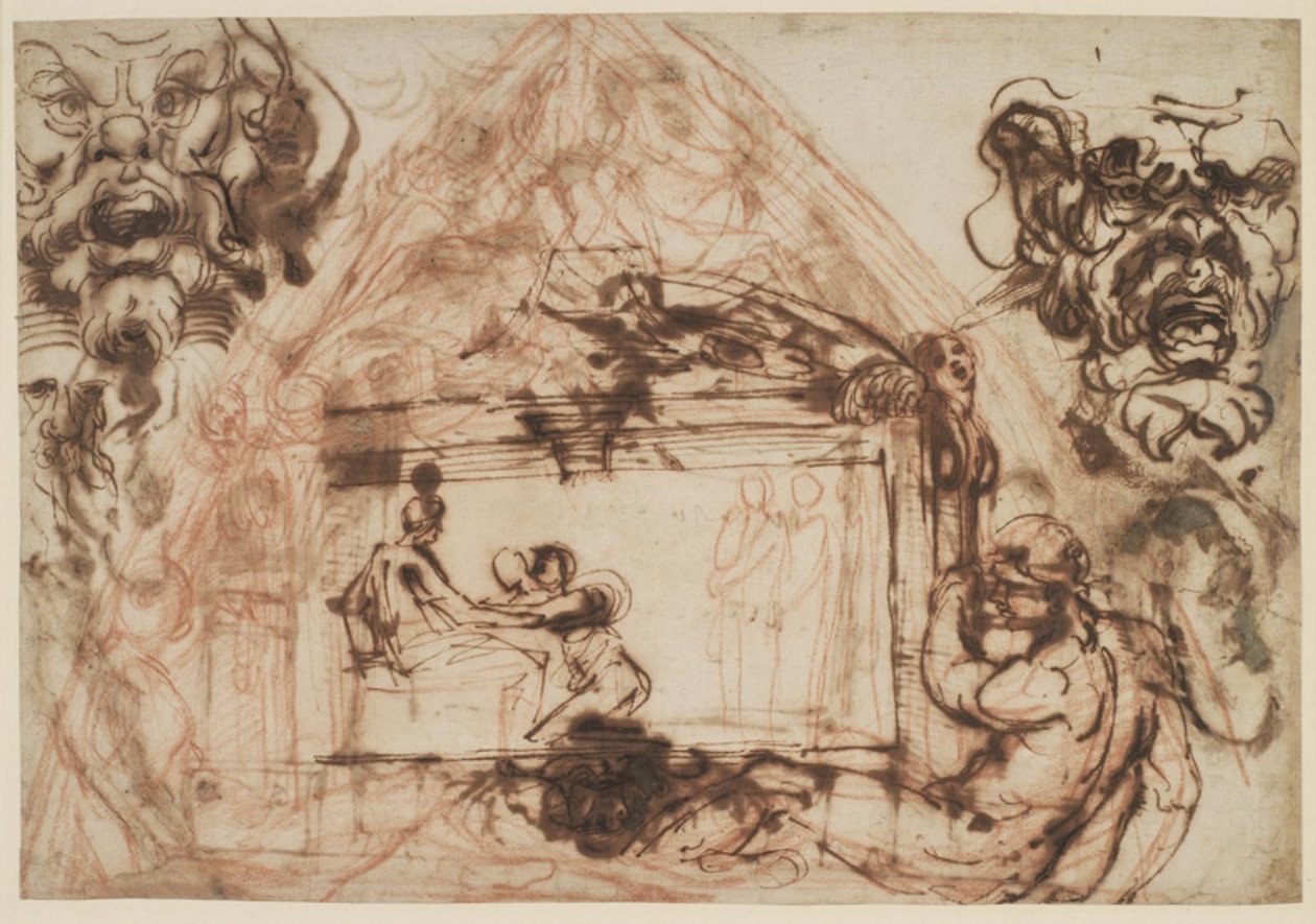 Tervezet boltozati palást díszítésére. A Galleria Farnese, a Palazzo Farnese Rómába. Szintén vázlat két mascheroni alkotó: Annibale Carracci