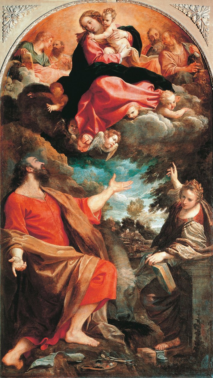 Szűz megjelenik Szent Lukácsnak és Katalinnak, Annibale Carracci (1560-1609), olaj, vászon, 401x226 cm, 1592 körül alkotó: Annibale Carracci