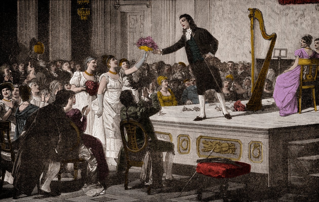 Niccolo Paganini (1792-1840) először diadalmaskodott – Fametszet Annibale Gatti (1828-1909) festménye után alkotó: Annibale Gatti