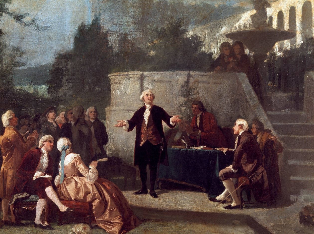 Carlo Goldoni (1707-1793) olasz drámaíró szonettet hirdet a Colonia Alfea (a pisai Arcadia Akadémia egyenértékűsége) tagjai előtt a Scotto Garden of Pisa festményében Annibale Gatti (1828-1909) alkotó: Annibale Gatti