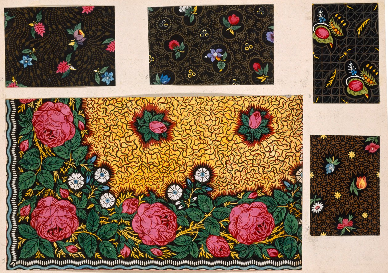 Textil dizájn, Pink Roses további színekkel. francia, 19. század eleje alkotó: Unbekannt Unbekannt