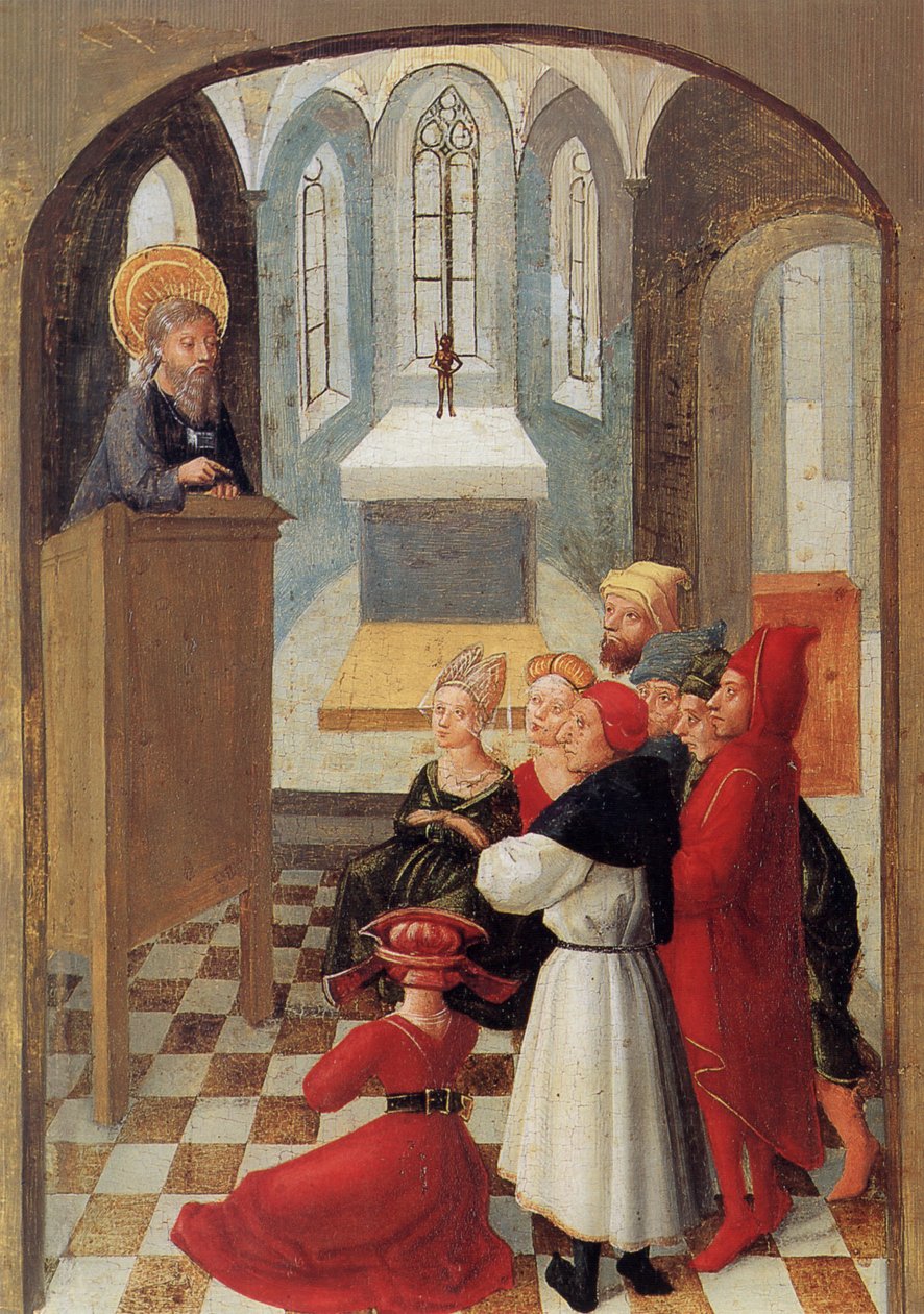 Weingartener Heilig-Blut-Tafel 1489-ből.    5. tábla: Longinus sok embert keresztény hitre térít Mantovában alkotó: Unknown