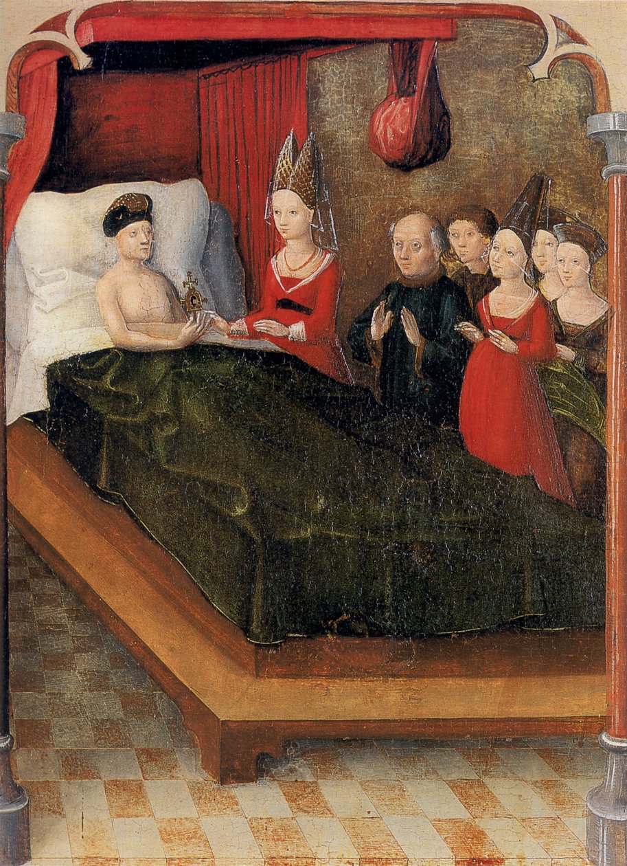 Weingartener Heilig-Blut-Tafel 1489-ből. Landesmuseum Württemberg, Stuttgart.   20. tábla: Halála után Balduin gróf hagyta el az ereklyét Judit lányának alkotó: Unknown