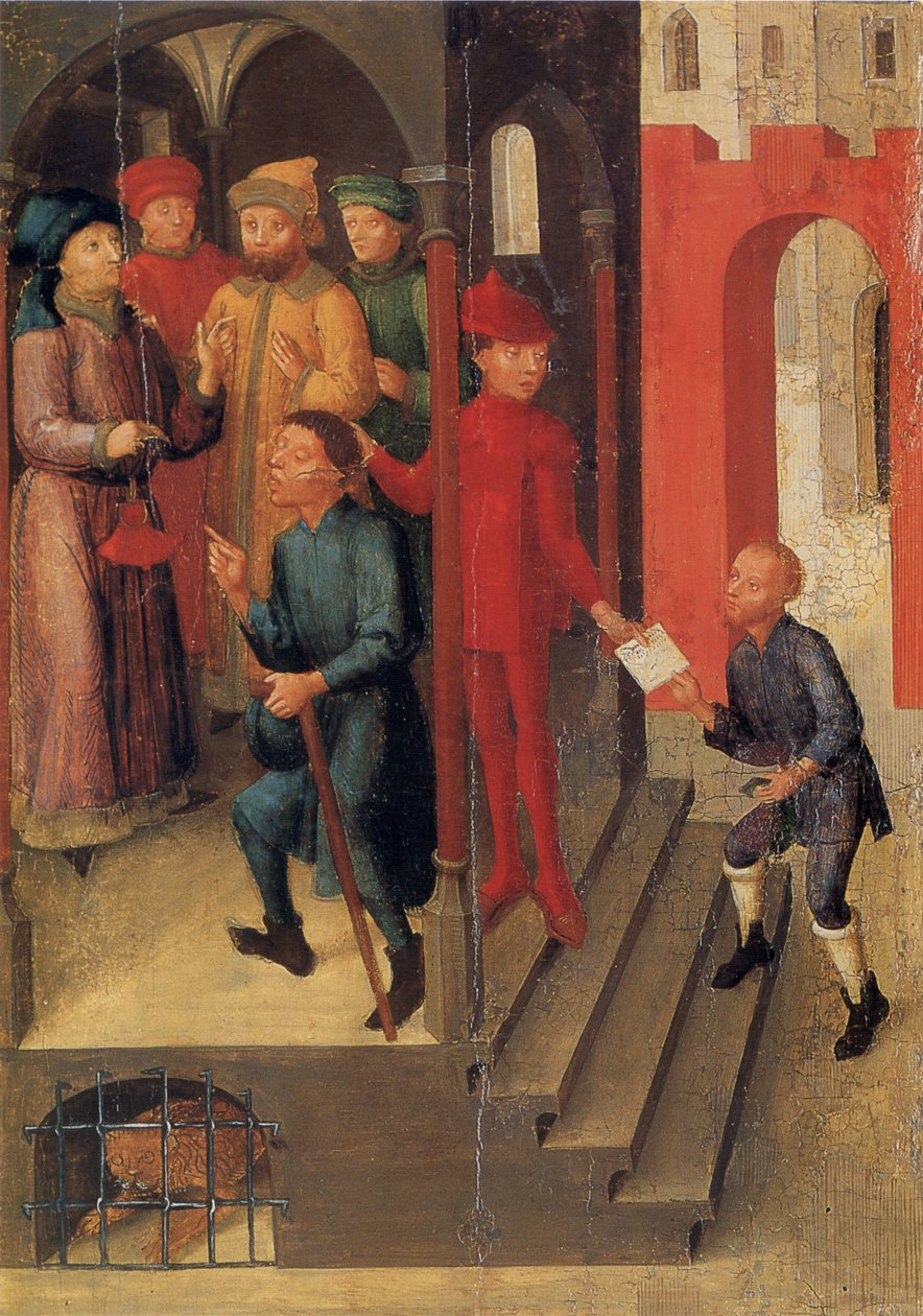 Weingartener Heilig-Blut-Tafel 1489-ből. Landesmuseum Württemberg, Stuttgart.   10. tábla: Adilbero számol be az isteni kinyilatkoztatásról Mantuas jeleseinek (az 1048 -as legenda szerint) alkotó: Unknown