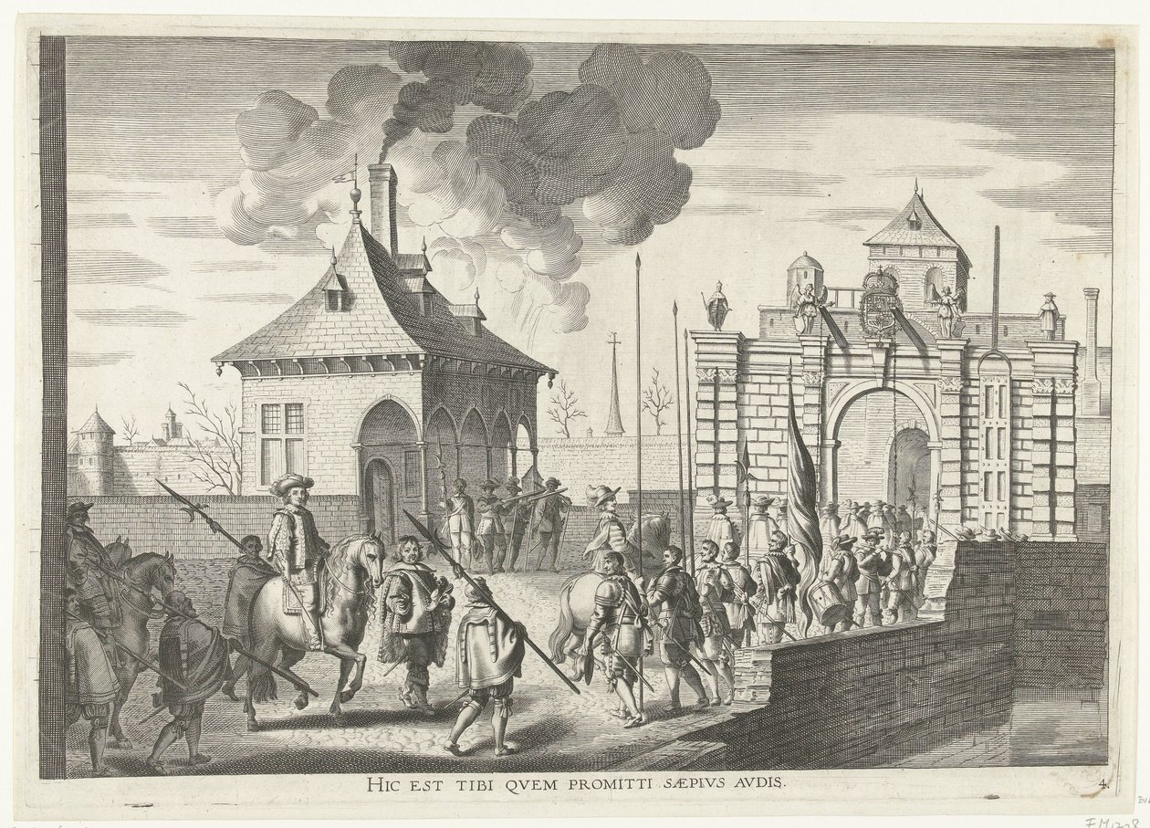 Aankomst bij de Brugse portt van Gent; intocht van Ferdinand te Gent 1635-ben (4. sz.) Itt van az, amit gyakran hallani ígért (cím a tárgyon) Brugens kapuja, ahol Ser. A bíboros belépett a városba alkotó: Anonymous