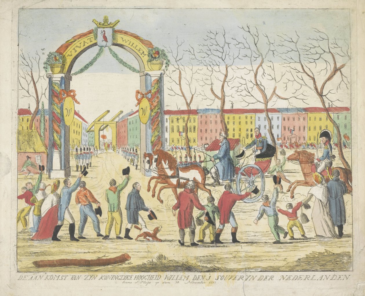 Orange herceg érkezése Hágába, 1813 Ő Királyi Fensége Willem den 1 souveryn der Nederlanden benne S: Hage érkezése 1813. november 30-án (cím a tárgyon) alkotó: Anonymous