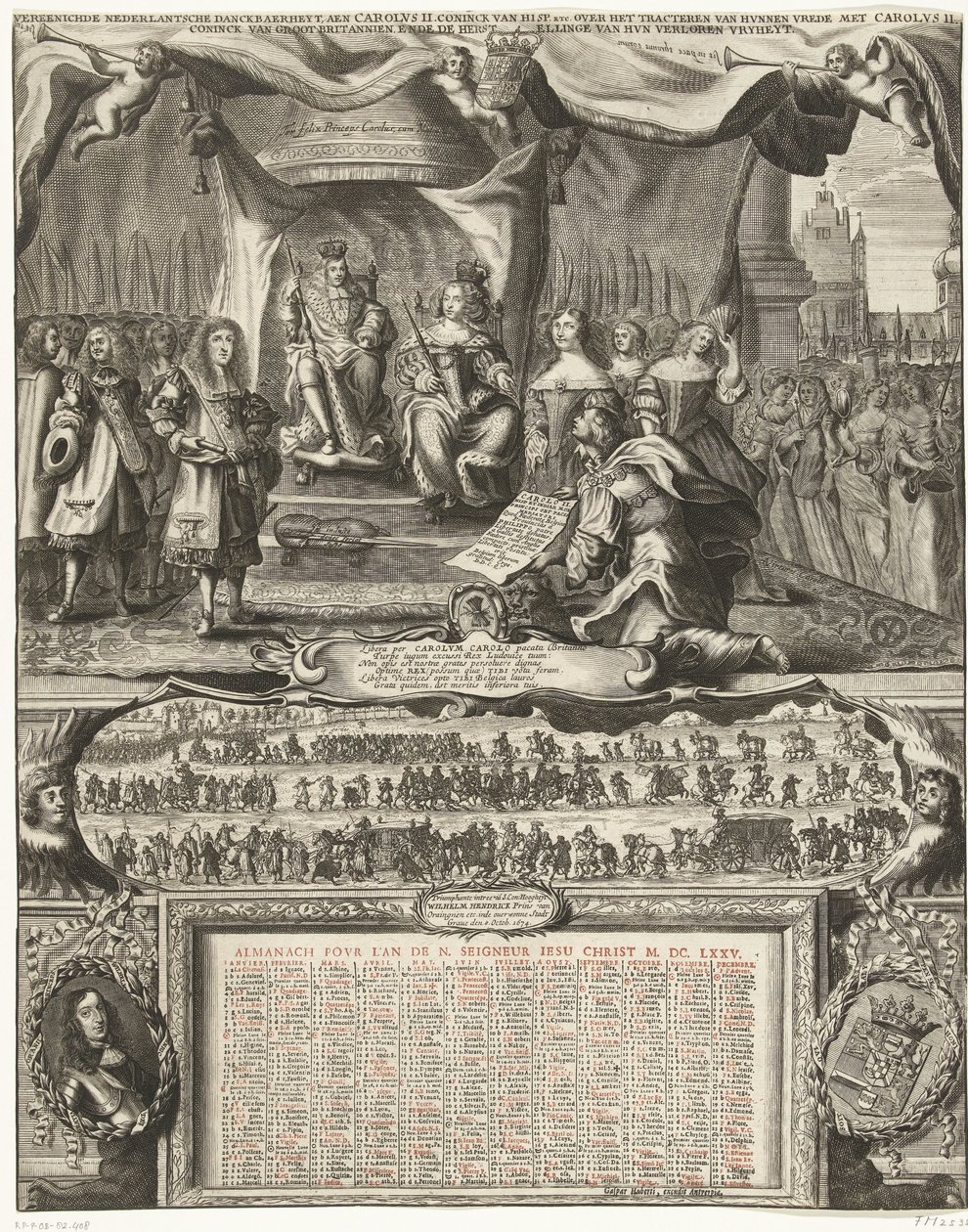 Az 1674-es Angliával való béke allegóriája és az 1675-ös év almanachja Vereenichde Nederlantsche danckbaerheyt, aen Carolus II. Coninck van Hisp. stb., hogy békét kössenek Carolus II. Coninck van Great Britannien, ende de reparation alkotó: Anonymous
