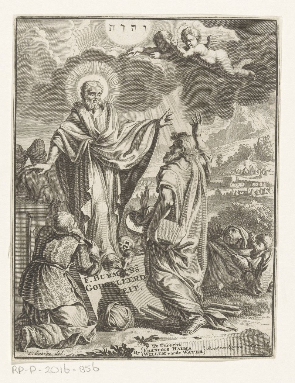 Allegorikus ábrázolás Krisztussal, Mózessel és egy térdelő alakkal Címlap ehhez: Frans Burman, Teológia, 1697 alkotó: Anonymous