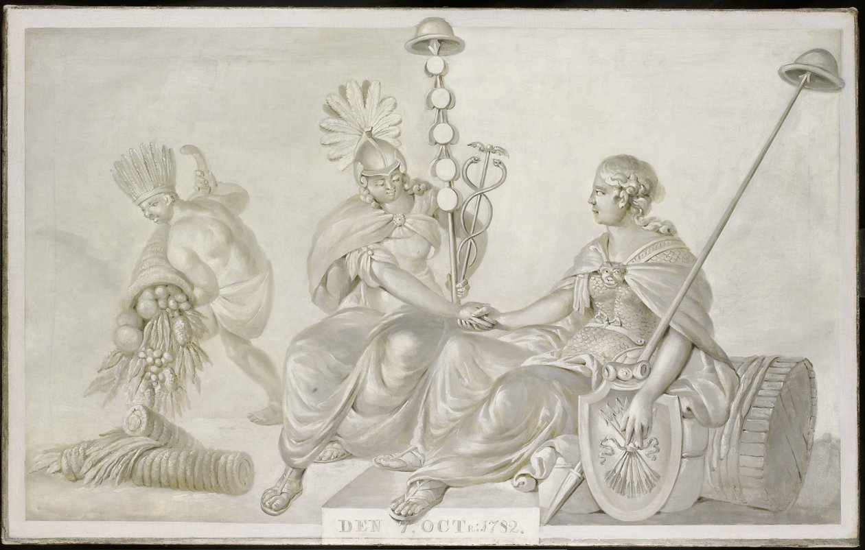 A „Barátsági és Kereskedelmi Szerződés az Egyesült Hollandia Államok Általános és az Amerikai Egyesült Államok között” allegóriája, Hága, 1782. október 7. alkotó: Anonymous
