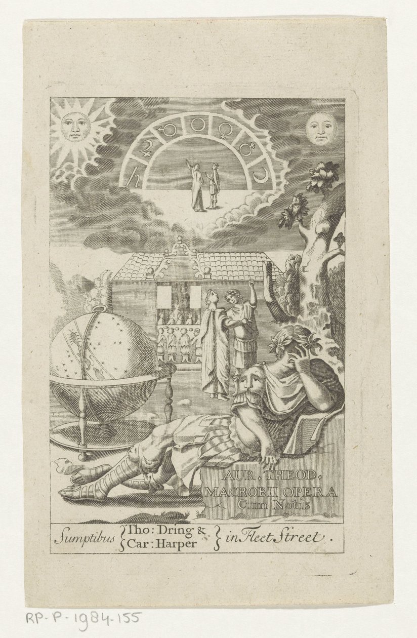 Ambrosius Theodosius Macrobius leunend op steen naast globe Arany Theod. Macrobius Opera Cum Notis (cím az objektumon) Címlap: Ambrosius Theodosius Macrobius, Aur. Theodosius Macrobius V. Cl. & Illusztrius Művek, 1694 alkotó: Anonymous