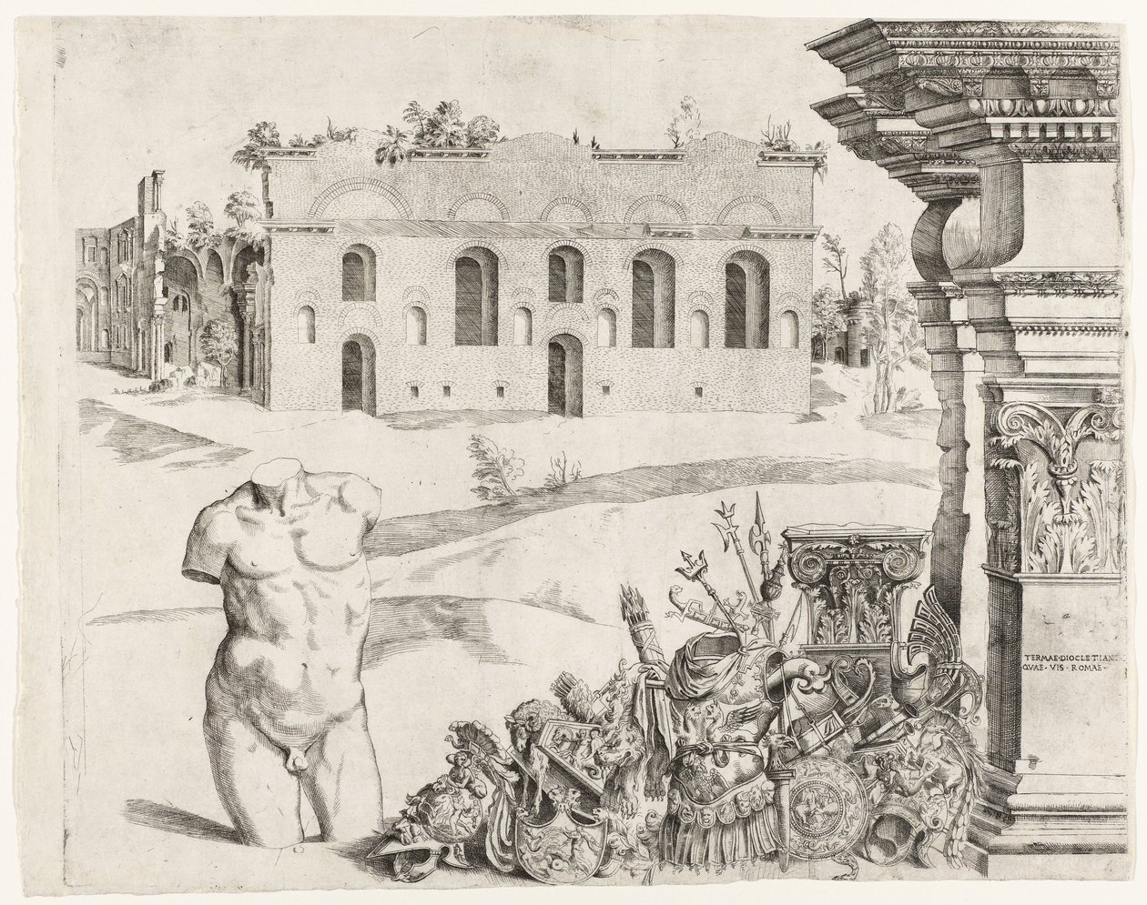 Építészeti capriccio spoliával, férfi torzóval és kilátással Diocletianus fürdőjére alkotó: Anonymous