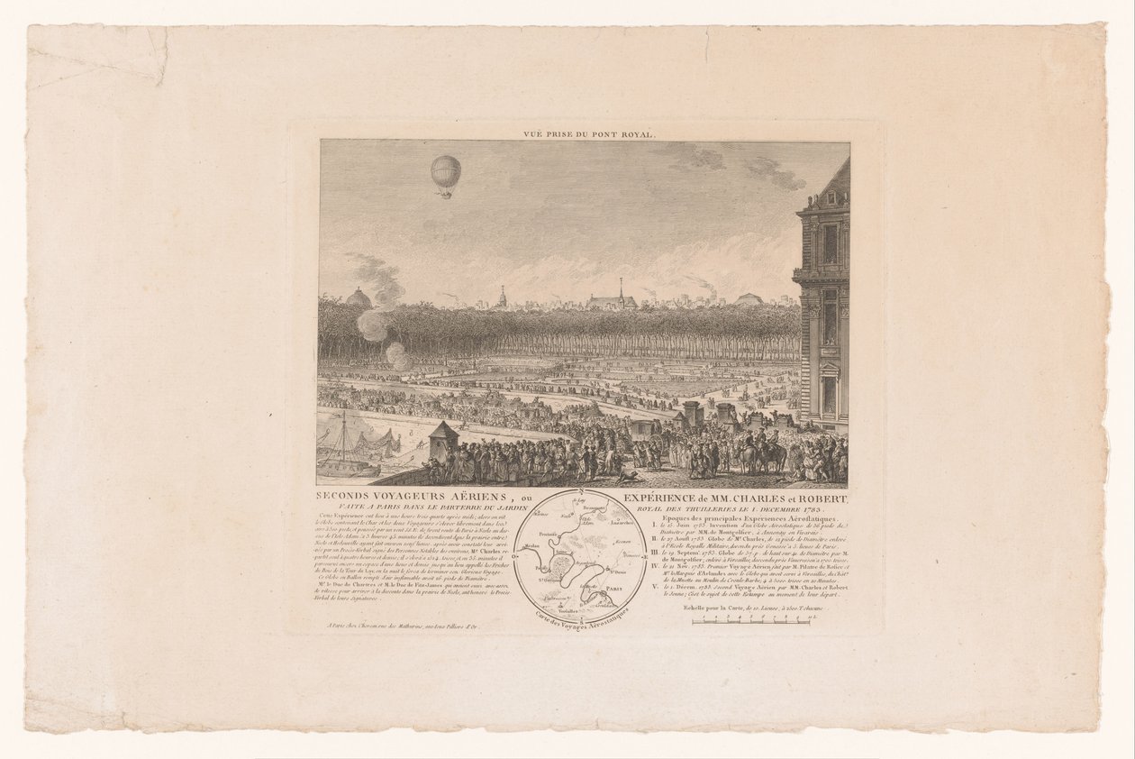 Ballonvlucht door de heren Charles en Robert van Parijs naar Beaumont, gezien vanaf de Tuilleriën, 1783. december 1. Második légi utazó, vagy MM tapasztalat. Károly és Robert, Párizsban, a Tuilleries-i királyi kert parterében készült december 1-jén alkotó: Anonymous