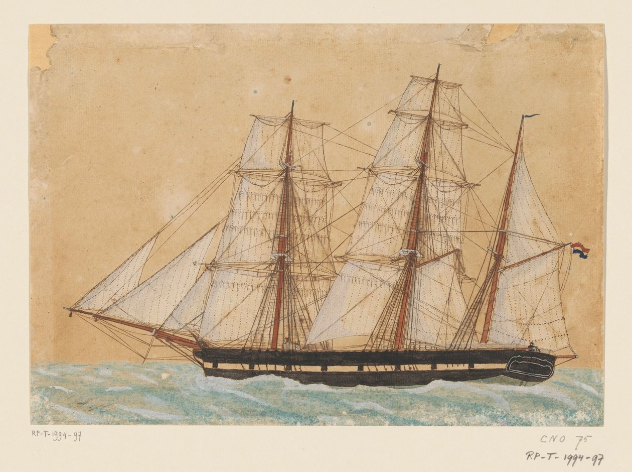 Bark a tengeren A „Deshima” barkship Biafra orrában átkelt, 1858. november 1-jén alkotó: Anonymous