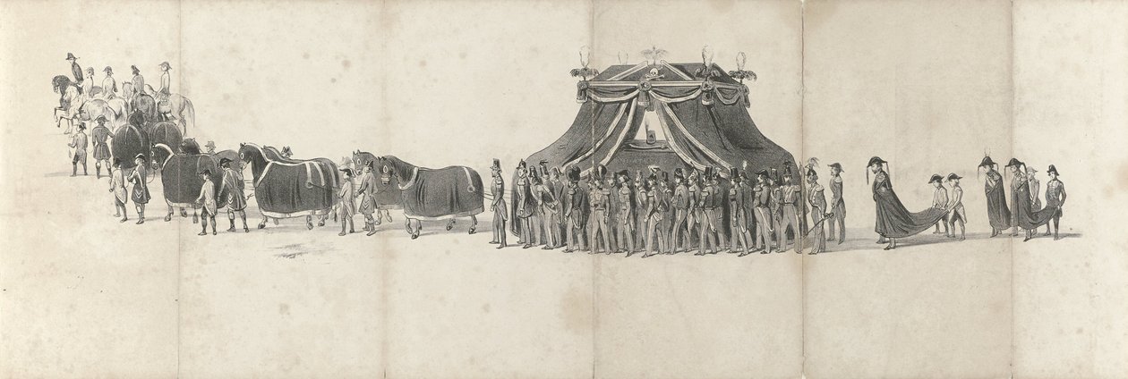 Willem néhai király temetése Delftben 1849. április 4-én (4. oldal) Vilmos 1849-es temetési menetének öt összefüggő lapja (sorozat címe) alkotó: Anonymous
