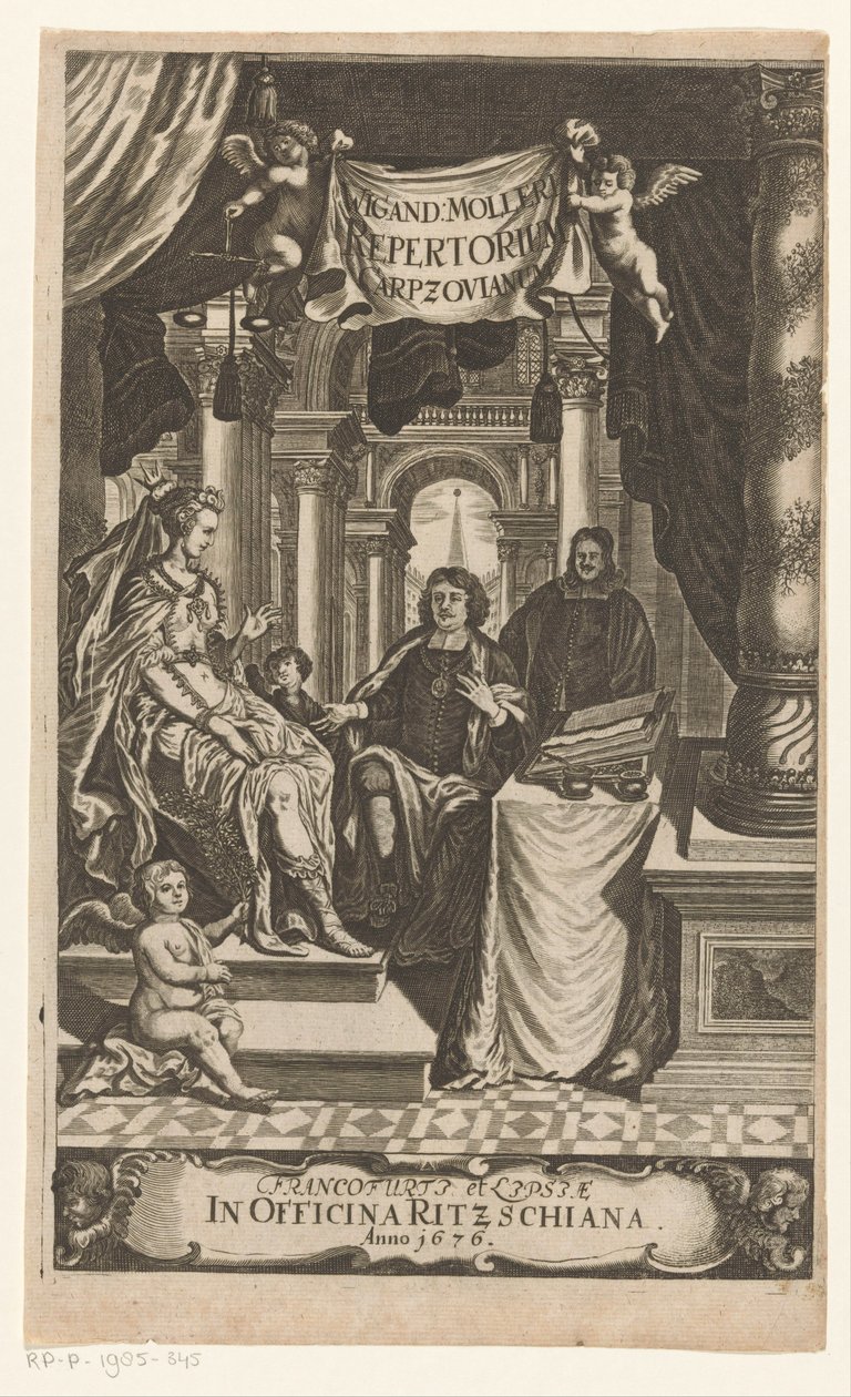 Benedikt Carpzov bij tronende koningin Wigand Moller Carpzovian Repertóriuma (cím az objektumon) Titelpagina voor: Wigand Möller, Repertorium rerum, verborum, et notablem, 1676 alkotó: Anonymous