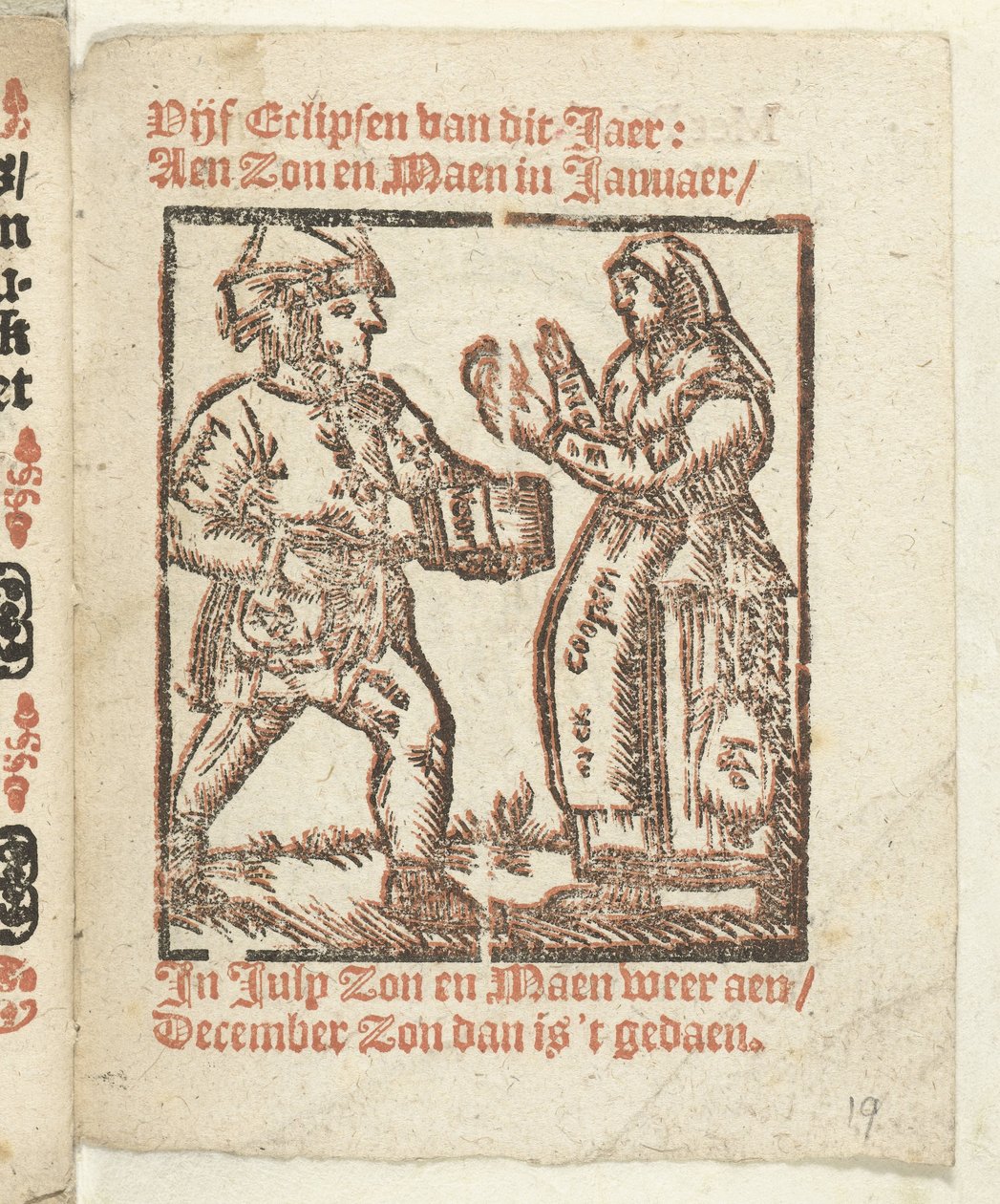 Oldal egy házaló és egy nő álló alakjaival, 1712 Amelyben Lidt de Maen van / ahol meghalsz / meztelenül távozol, hacsak nem nagyszerű hang; Als Peste / Pleures is / ende sulck quaet / oock niet sonder des Meestersraet (cím a tárgyon) alkotó: Anonymous