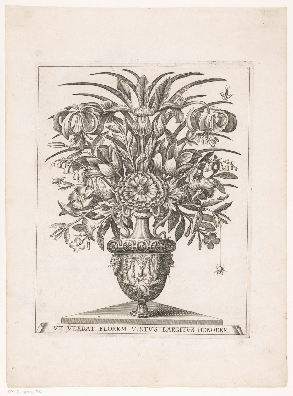 Bloemen in vaas met leeuwenkoppen (cím a tárgyon) alkotó: Anonymous