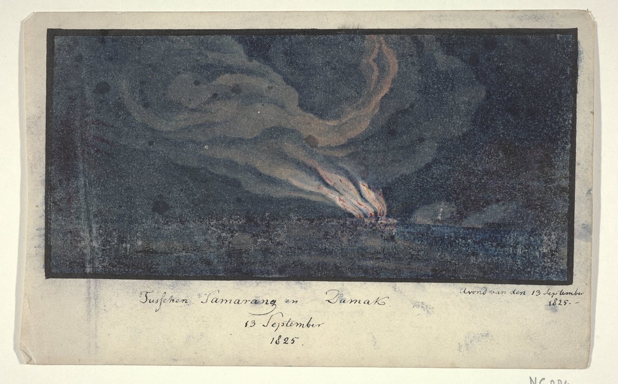 Brand in een landschap op Midden-Java, 1825 Tusschen Samarang en Damak / 13 September 1825 (title on object)   1372219   hu       hungarian Successfully Translated  Original: At the Concert Translat: At the Concert 1289646 hu hungarian Successfully Transla alkotó: Anonymous