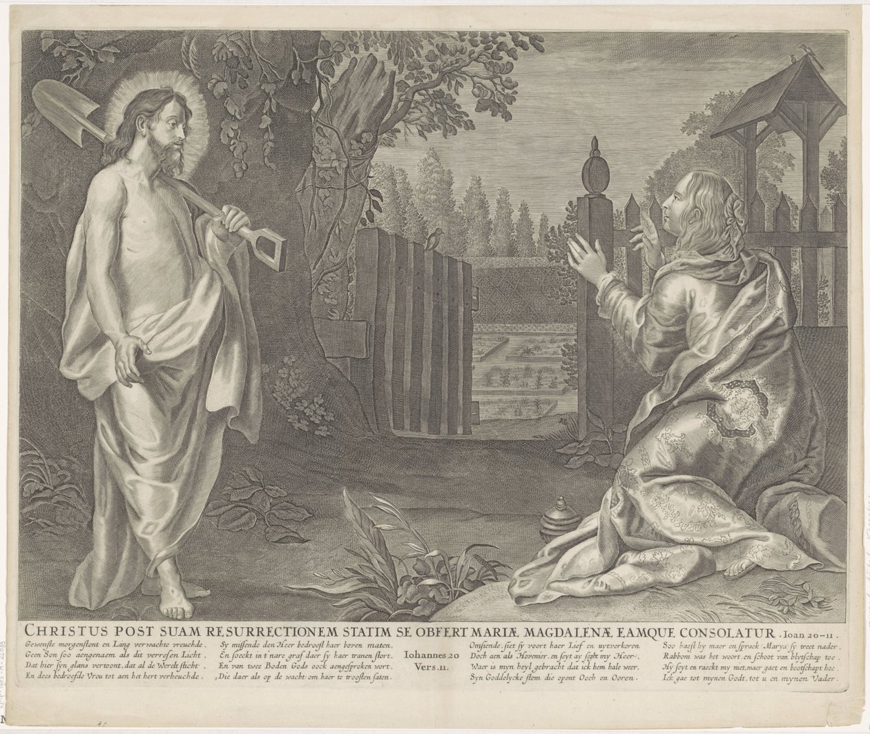 Christus verchicht als tuinman aan Mária Magdolna (Ne nyúlj hozzám) Krisztus közvetlenül a feltámadása után bemutatja magát Mária Magdolnának, és megvigasztalja őt (cím a tárgyon) Royal Bijbel (sorozat címe) alkotó: Anonymous
