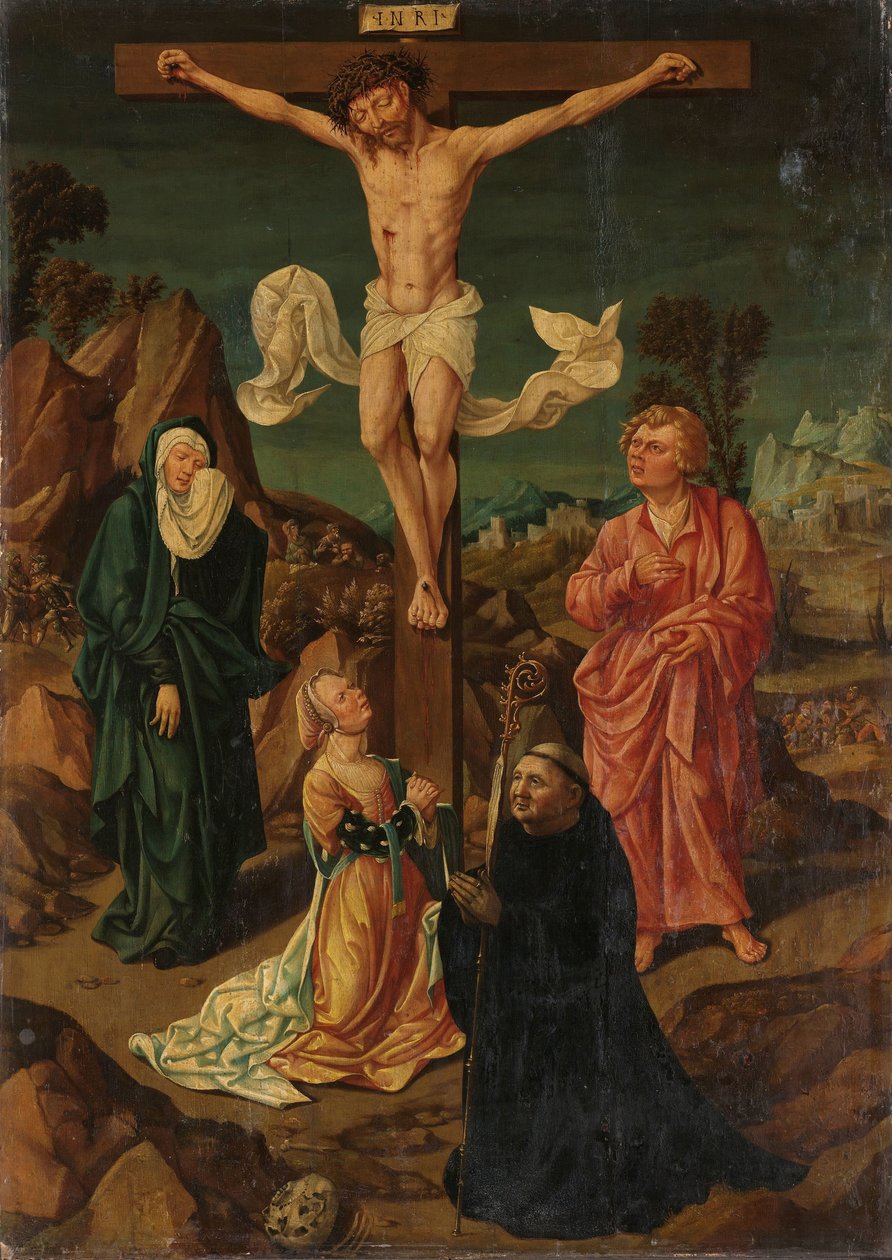 Keresztre feszítés a Szűzanyával, Szent Jánossal, Mária Magdolnával, adományozóval alkotó: Anonymous