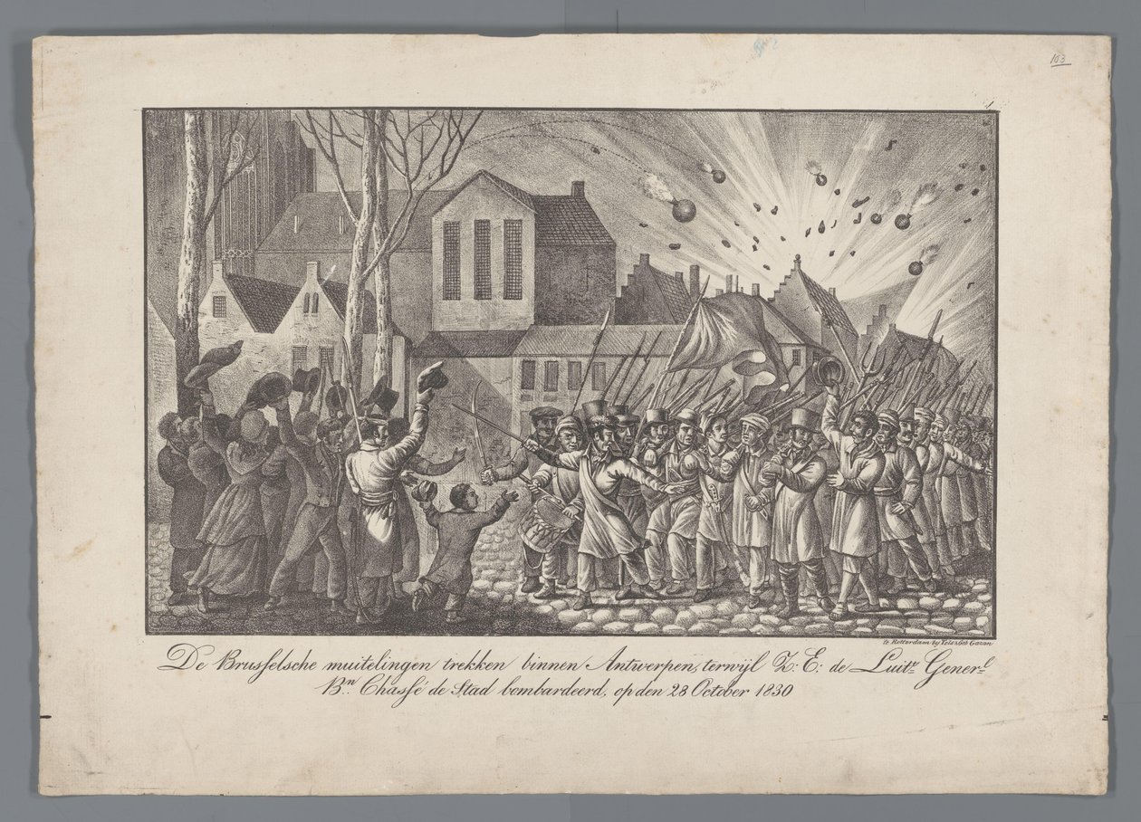 A brüsszeli lázadók Antwerpenbe költöznek, míg Z.E. de Luit Generl. bn. Chassé bombázta a várost 1830. október 28-án (cím a tárgyon) alkotó: Anonymous