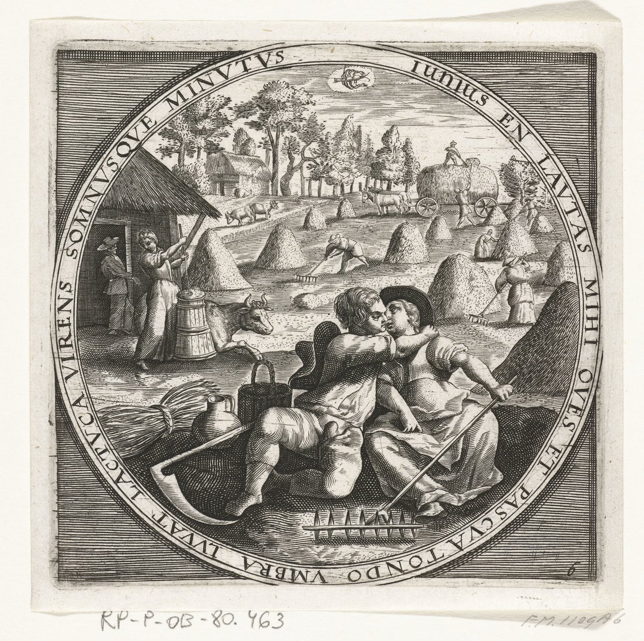 De maand juni, hooimaken, kb. 1600 De twaalf maanden van het jaar verbeeld in scènes uit het volksleven (sorozat címe) A 12 hónap sémái működésükkel, és az állatöv jegyekre való alkalmazása, négy évszakra bontva (sorozat címe tárgyon) alkotó: Anonymous