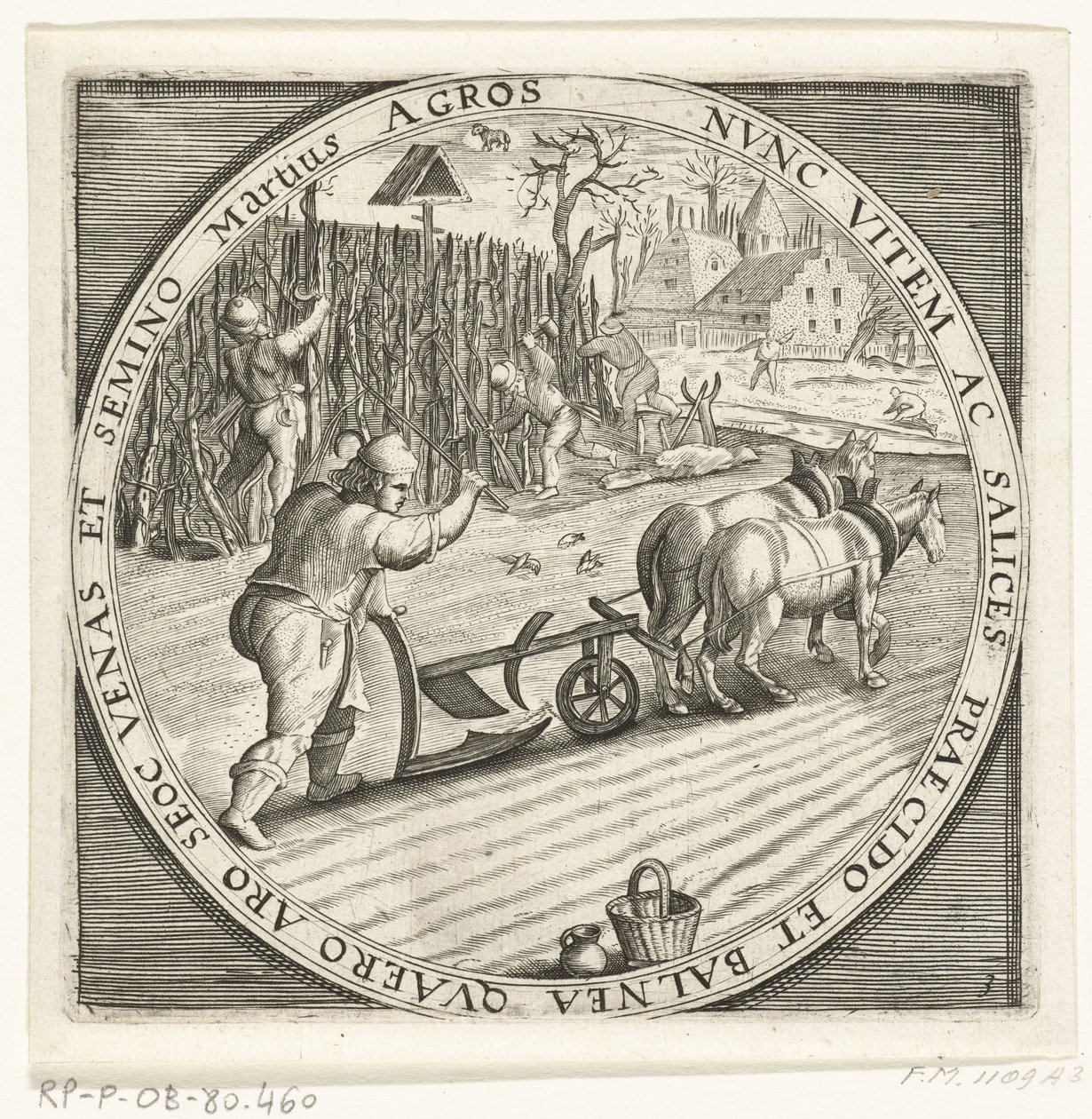 De maand maart, ploegen, kb. 1600 De twaalf maanden van het jaar verbeeld in scènes uit het volksleven (sorozat címe) A 12 hónap sémái működésükkel, és alkalmazásuk az állatöv jegyekre, négy évszakra bontva (sorozat címe tárgyon) alkotó: Anonymous